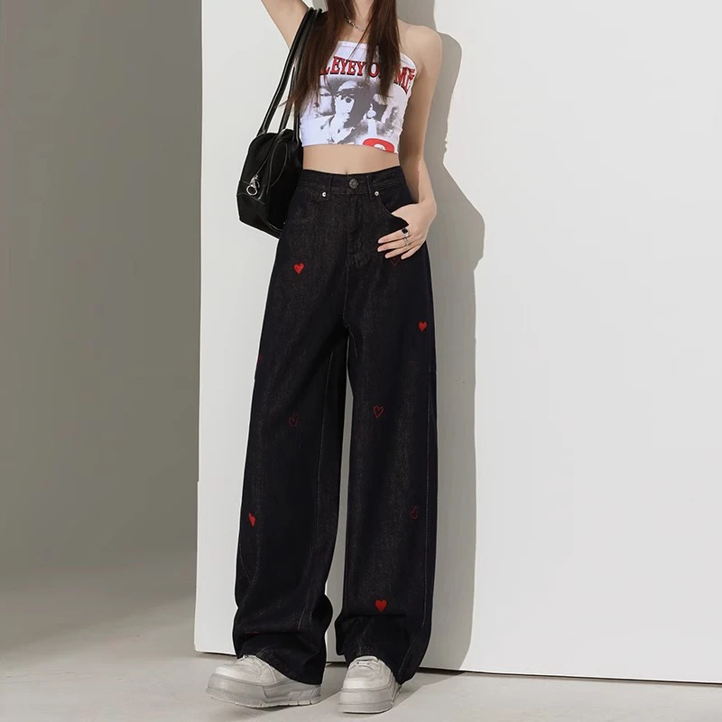 深蓝色刺绣爱心阔腿牛仔裤女春季新款高腰显瘦宽松直筒拖地裤秋冬