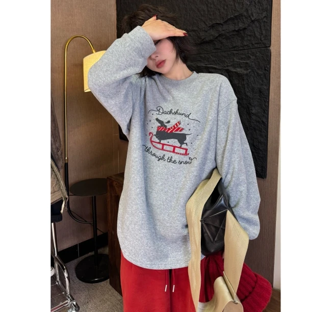 HY1987秋冬韩版宽松百搭加厚木马显瘦T恤时尚休闲套头卡通设计感