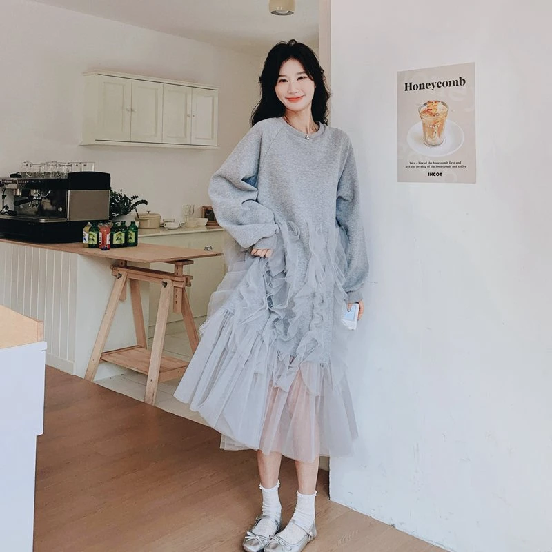 超仙网纱拼接灰色连衣裙女春秋新款韩系慵懒风少女宽松减龄卫衣裙