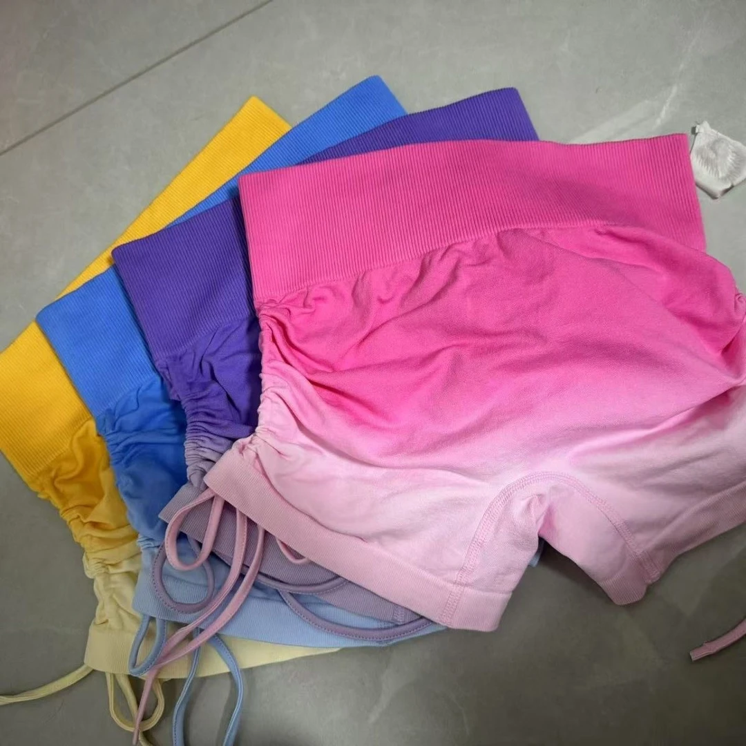 渐变抽绳高腰收腹无尴尬线裸感紧身瑜伽健身短裤女夏季