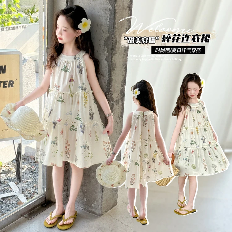 女童夏装连衣裙2025新款儿童夏季无袖时尚田园风碎花甜美公主裙子