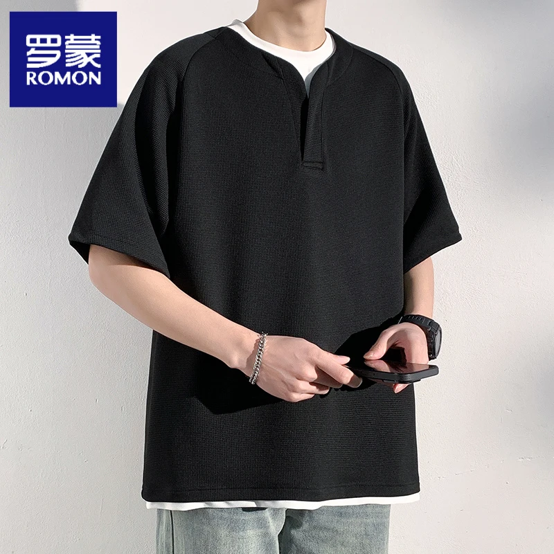 罗蒙短袖T恤男款2025新款夏季假两件重磅V领宽松休闲潮流薄打底衫
