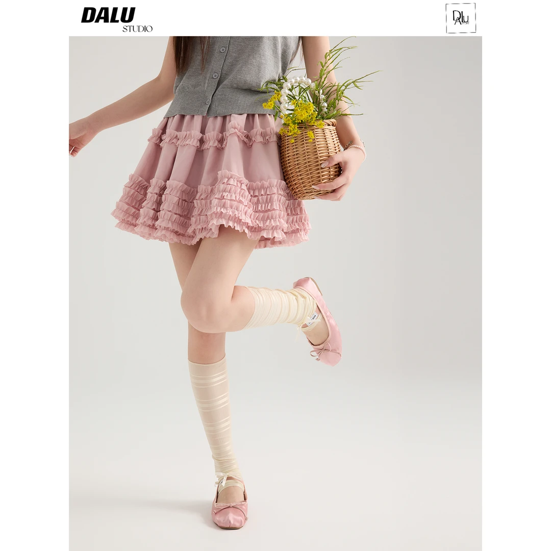 DALU “MI*U系芭蕾风 木耳边少女感蛋糕短款半身裙