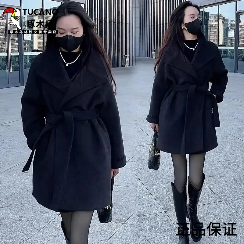 啄木鸟加棉加厚毛呢外套女2025冬季新款洋气中长款收腰显瘦保暖呢