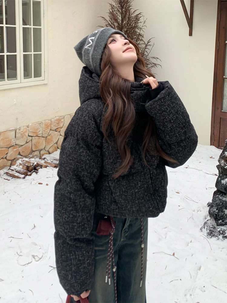 高级感炸街黑色短款棉服女冬季2025新款时尚洋气小香风连帽外套女