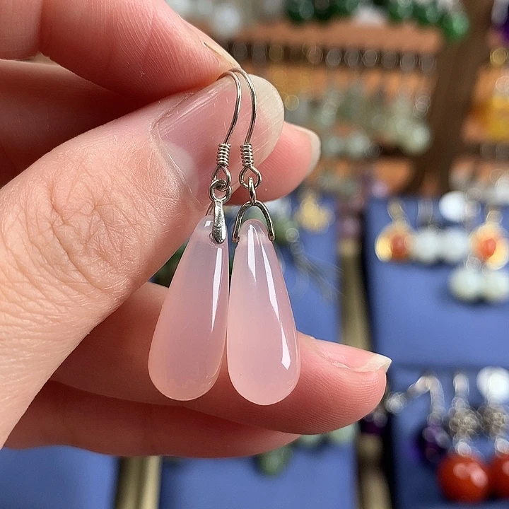 玛瑙/玉髓耳环银S925镶嵌粉色水滴