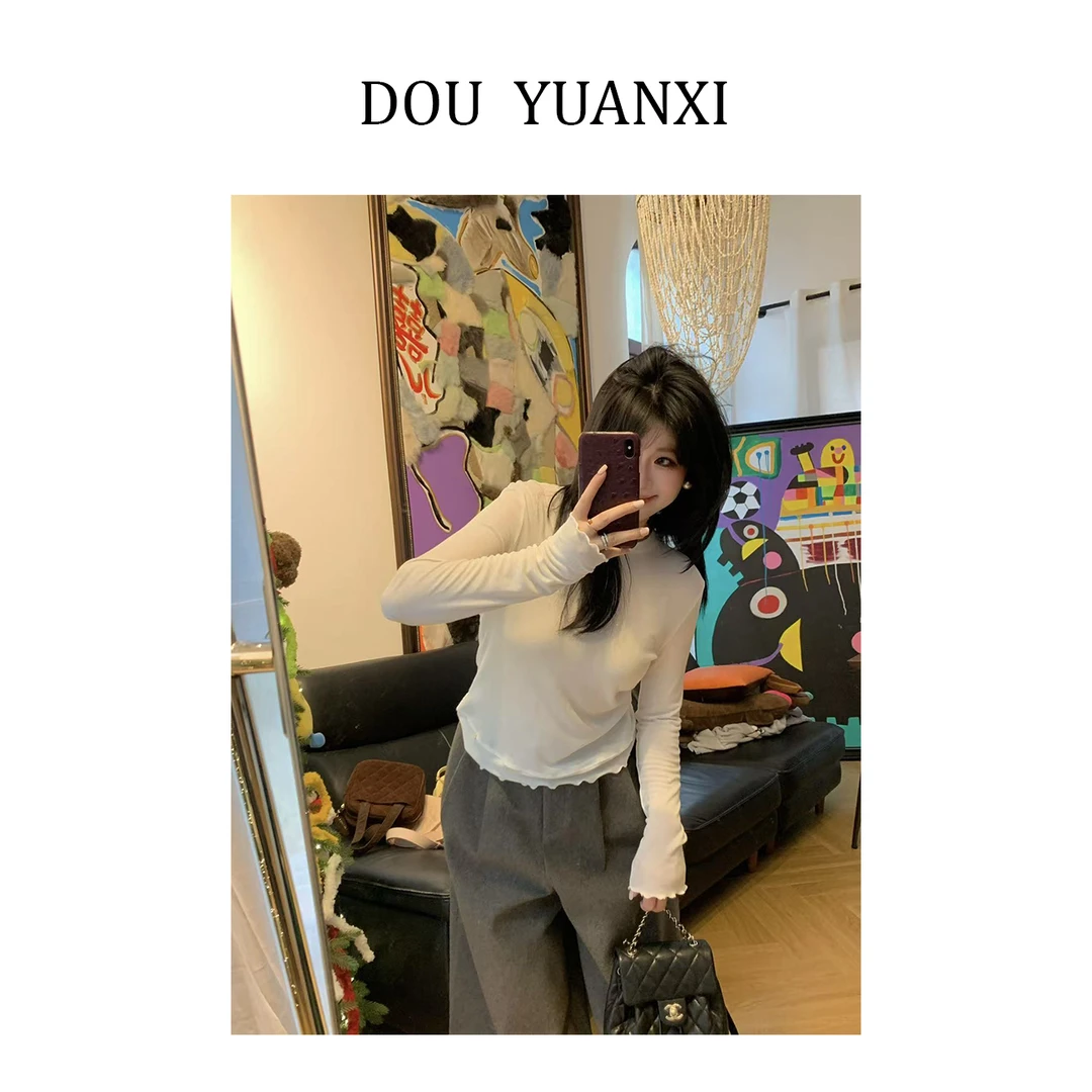 窦元囍【打底衫】慵懒风纯色设计感木耳边气质女显瘦打底衫半高领
