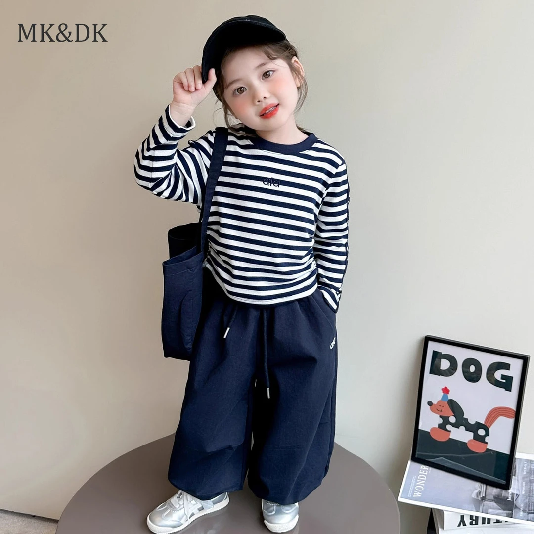 MK&DK女童套装春秋季新款洋气时髦女宝宝条纹潮T恤裤子两件套童装