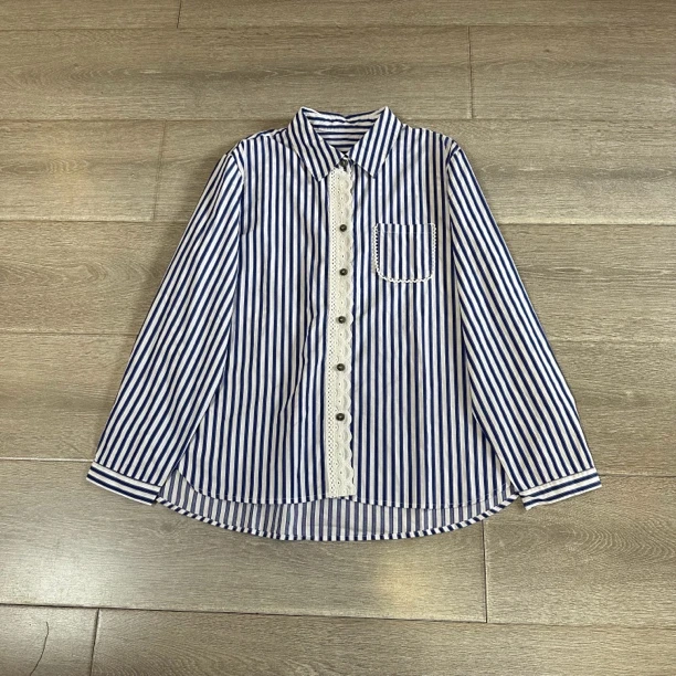 ALJ413蓝色条纹绵翻领衬衫长袖轻熟职业气质简约