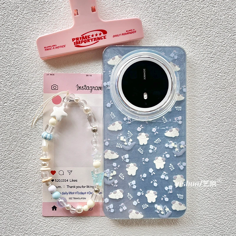 适用华为mate60pro+新款手机壳mate70Pro蓝色系碎花小狗爱心支架5