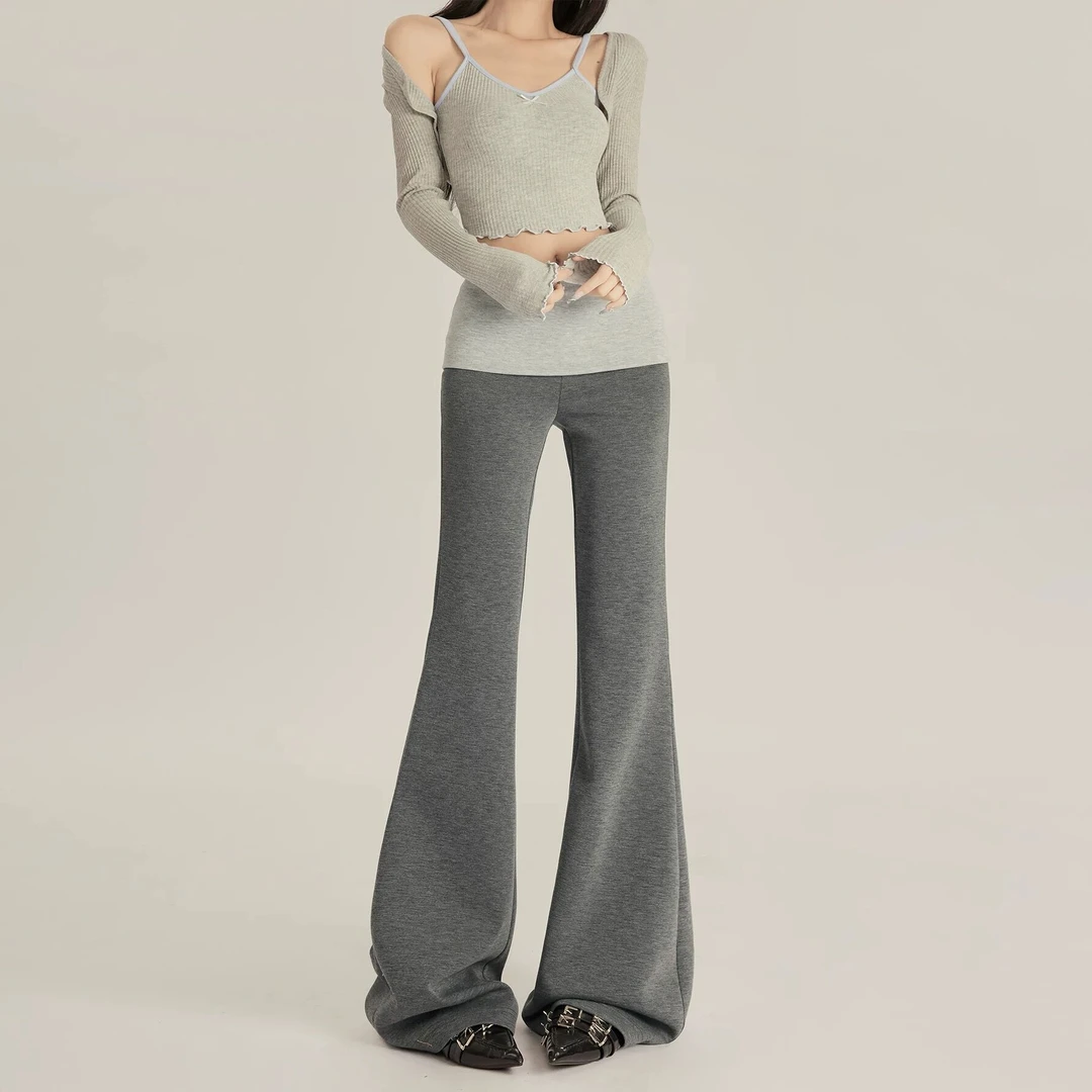 春季新款双色拼接高腰微喇叭裤女休闲时尚松紧腰修身显瘦马蹄裤