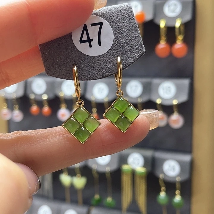 和田玉耳饰银S925镀金镶嵌