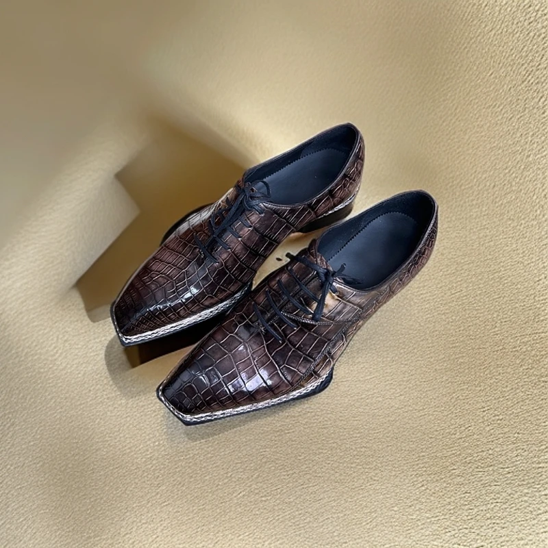 尼罗鳄手工擦色刀锋款挪威缝琴底高端时尚正装男鞋