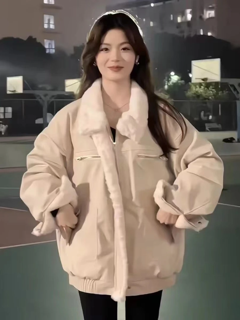 美式翻领羊羔毛棉服女冬季2025新款设计感男女款加绒加厚夹克棉衣