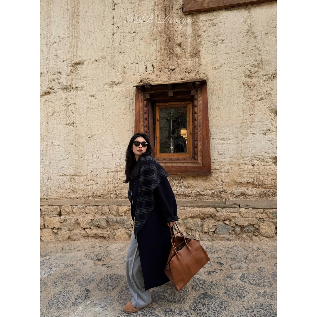 RRB Design 100%绵羊毛格子围脖叠搭大衣保暖时尚遮肉显瘦外套