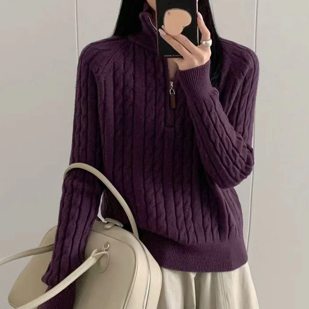 拉夏贝尔慵懒风半拉链高领针织衫女2025秋冬长袖高级感麻花纹上衣