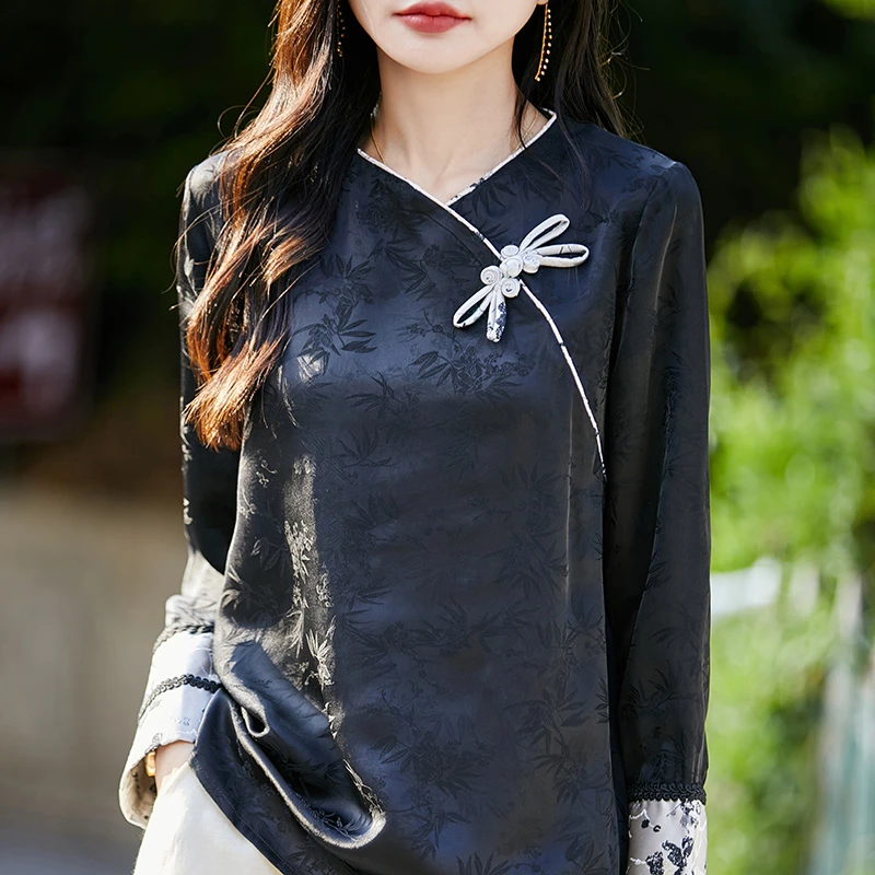 春夏新款国风盘扣提花缎面衬衫女圆领撞色衬衣上衣套头甜美打底衫
