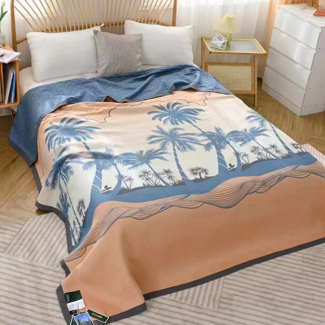 椰子树2.3*2.5米床盖精梳棉透气纱布毯双面精梳色织提花包边