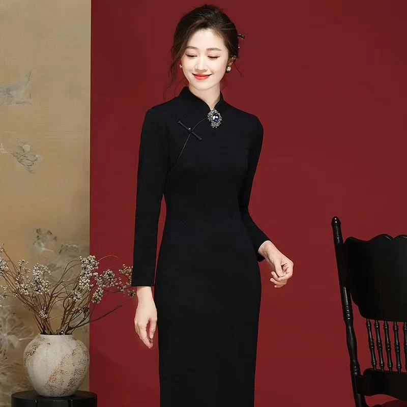 【千蚕云锦】藏青色秋冬旗袍新款国风长袖日常改良针织提花裙24327