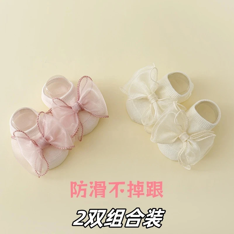 女宝宝袜子春秋薄款小月龄防滑地板袜新生儿气质蝴蝶结不掉脚船袜