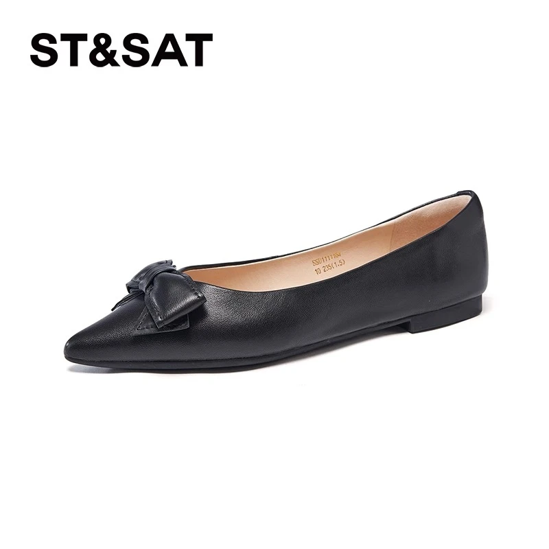 星期六浅口单鞋2025春季新款尖头蝴蝶结羊皮平底女鞋SSD1111164