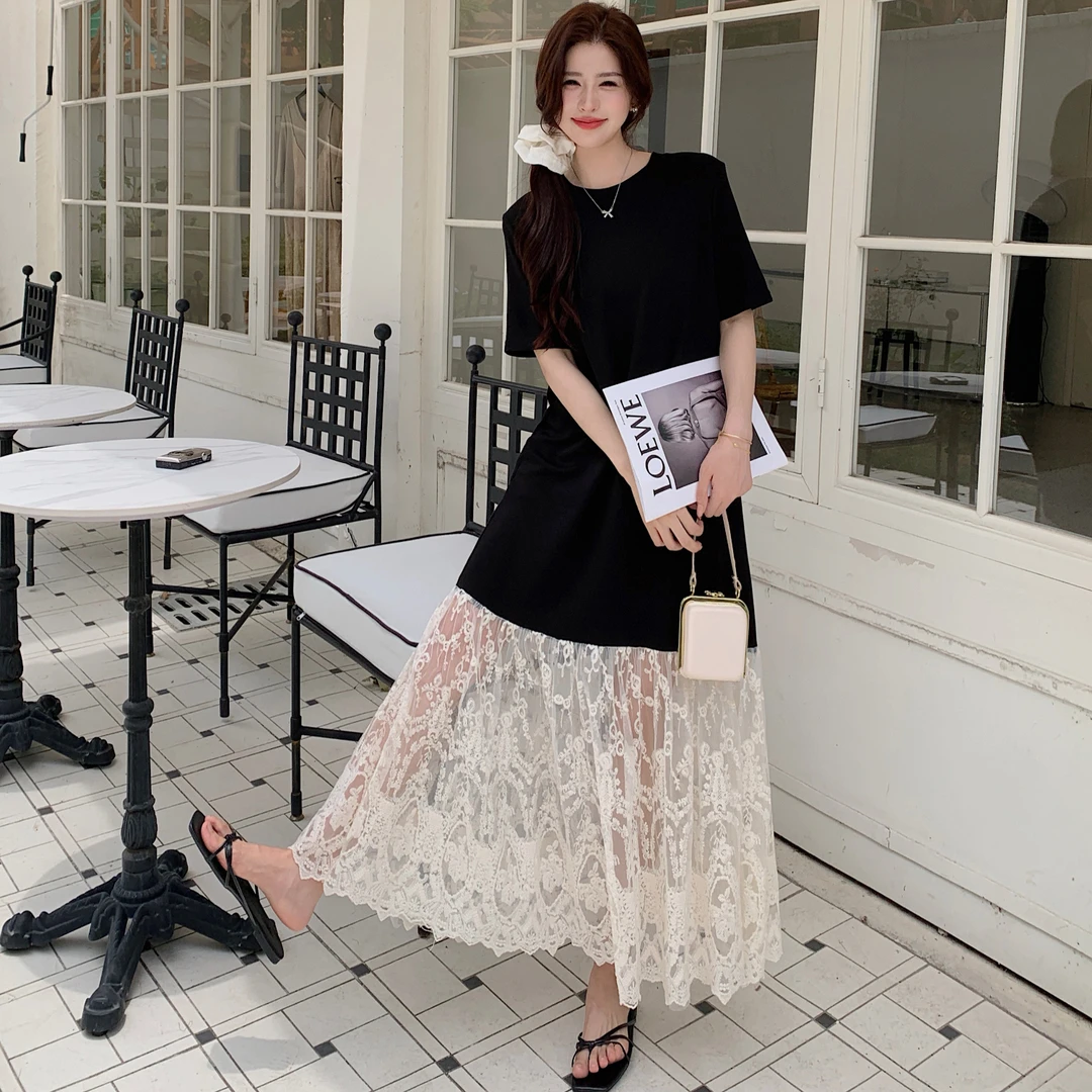 2025夏新款/法式蕾丝拼接气质高级感短袖连衣裙大码裙子
