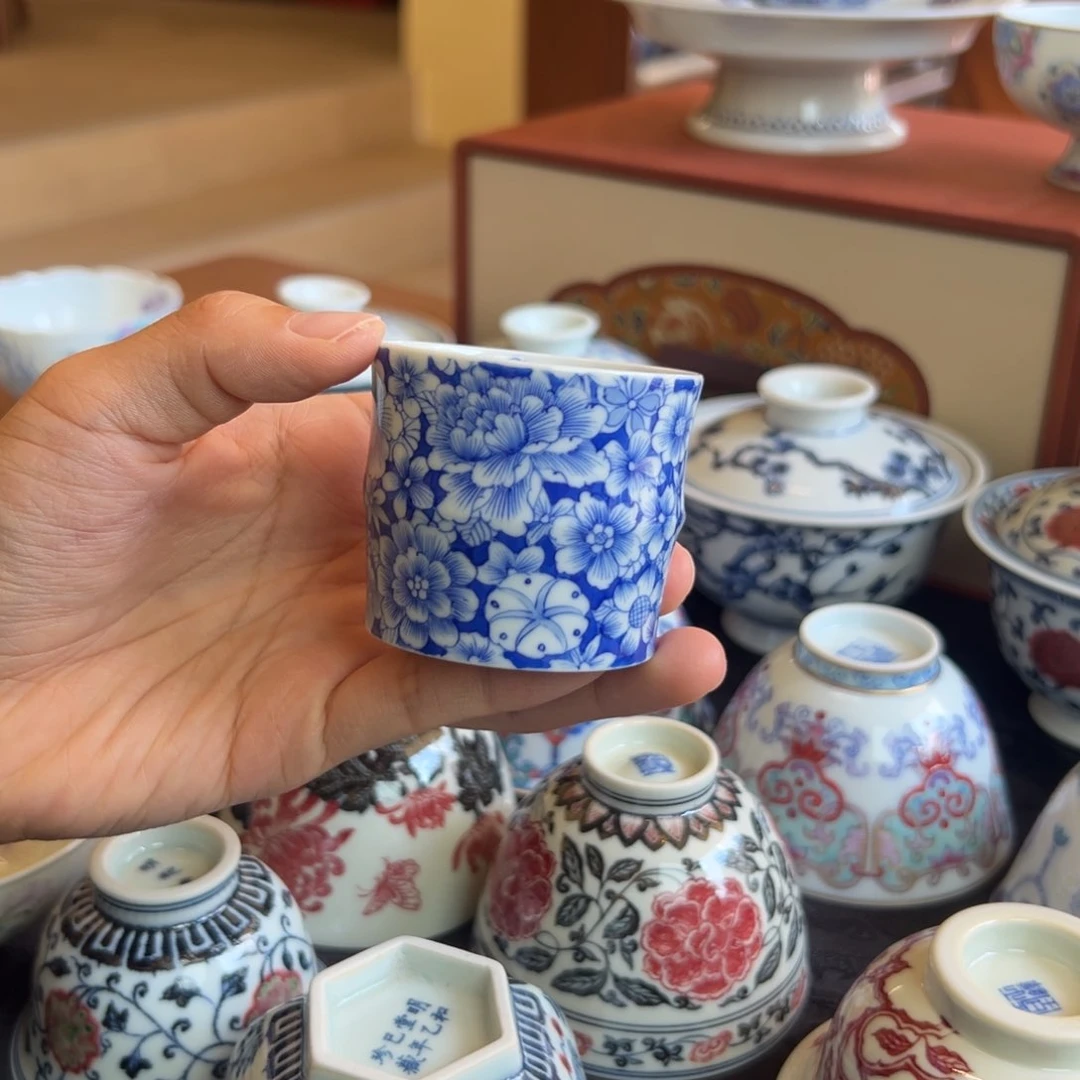柴窑手绘万花竹节杯