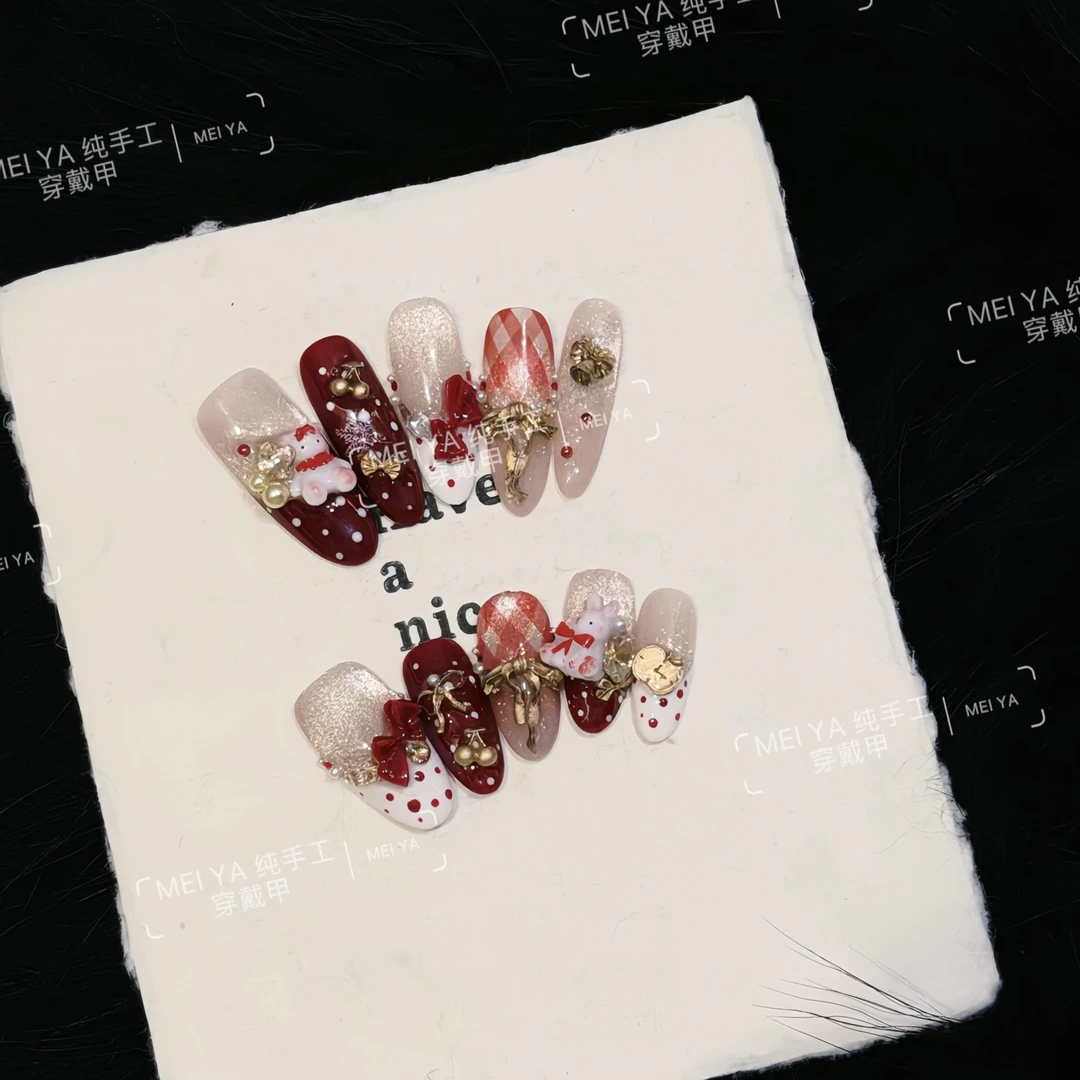【圣诞派对 】2026圣诞节短中长款纯手工穿戴甲手绘秋冬美甲新年