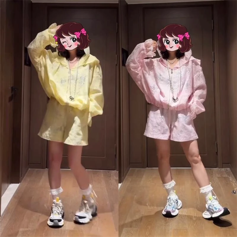 轻奢时髦韩系蕾丝拼接减龄两件套女2025夏季新款连帽防嗮外套短裤