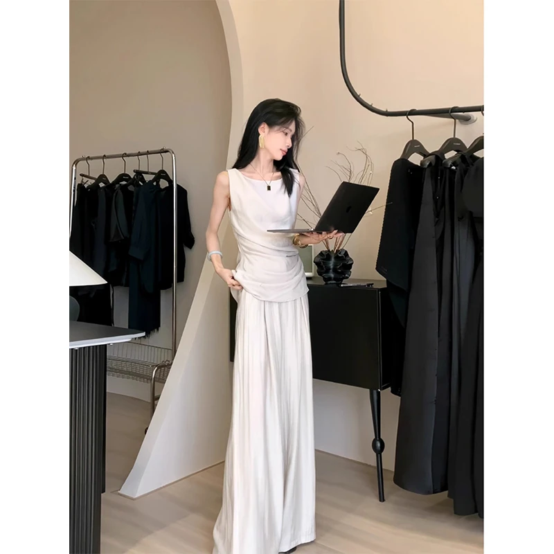 韩版夏季新款法式气质女神范不规则设计无袖背心阔腿裤两件套女装
