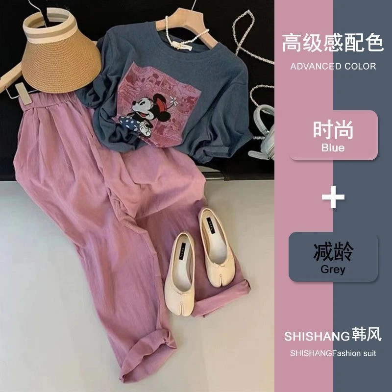 夏季套装女2025新款大码女装韩版减龄上衣遮肉显瘦阔腿裤两件套潮