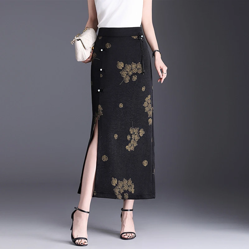 新中式国风提花半身裙女夏新款高腰中长直筒包臀裙碎花开叉一步裙