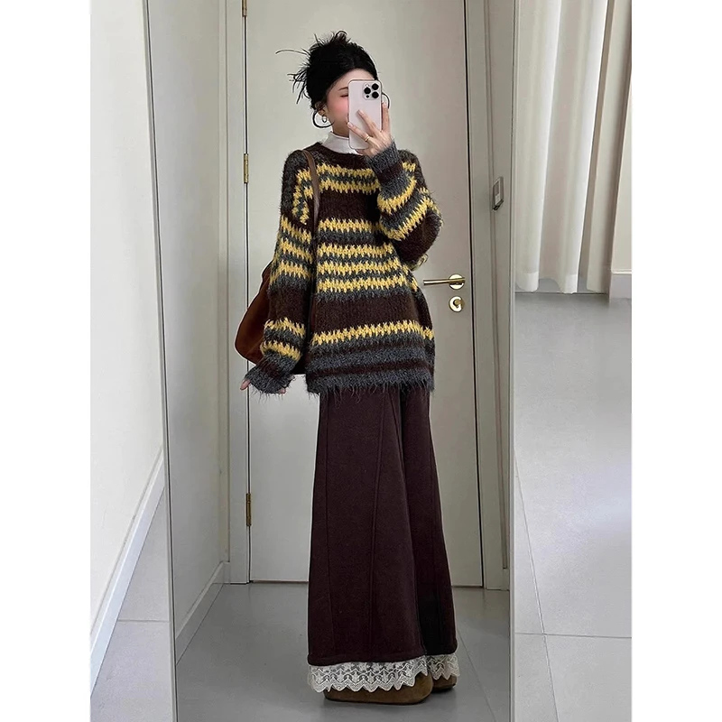 冬装一整套穿搭高级感大码胖mm慵懒风条纹针织毛衣阔腿裤时髦套装
