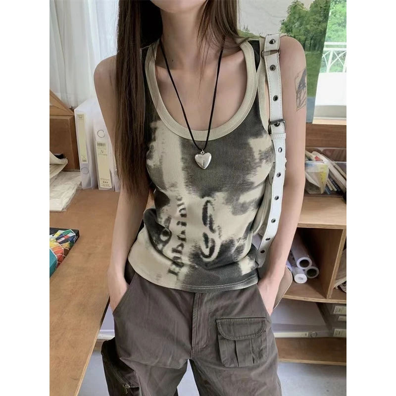 小众印花吊带背心女夏季新款美式复古百搭辣妹显瘦修身短款上衣潮