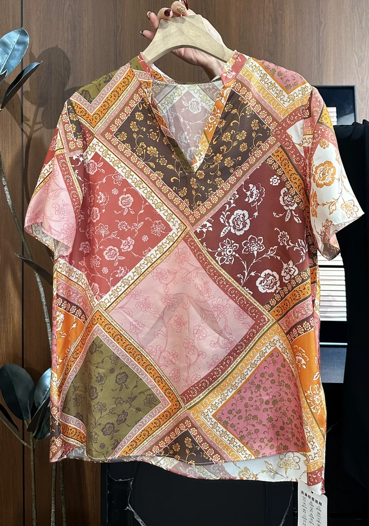 拼色服装纱网碎花印花法式夏季短袖V领气质透气T恤