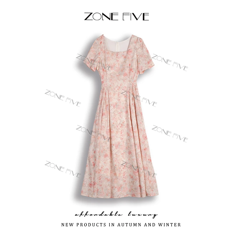 【zonefive】海蓝玫瑰茶歇法式连衣裙2025新款女夏季气质粉色连衣裙
