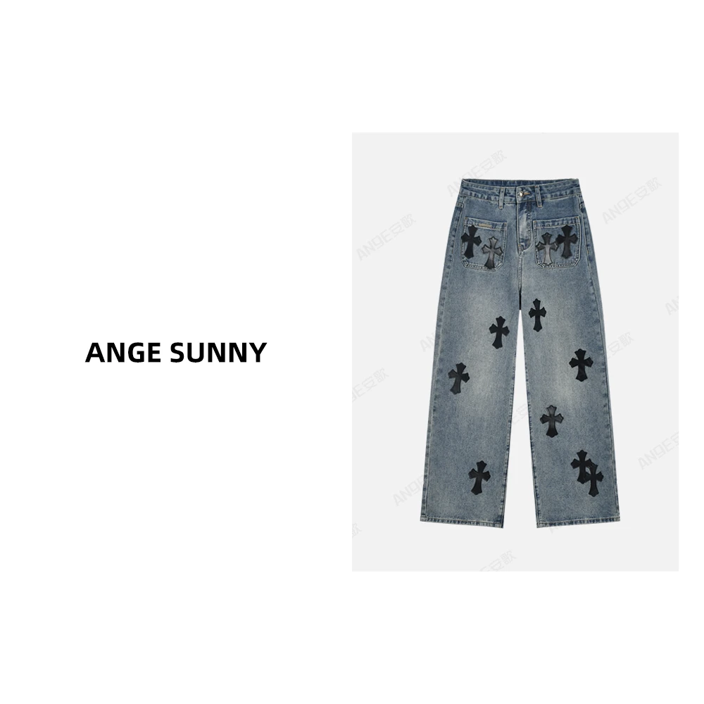 ANGE SUNNY【口袋十字牛仔裤】小个子必入十字架拼皮水洗做旧阔腿裤