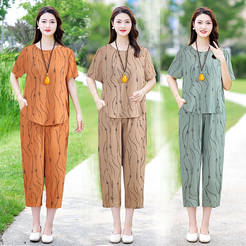 新款中老年人加大码女装宽松妈妈装时尚显瘦夏装休闲短袖两件套装