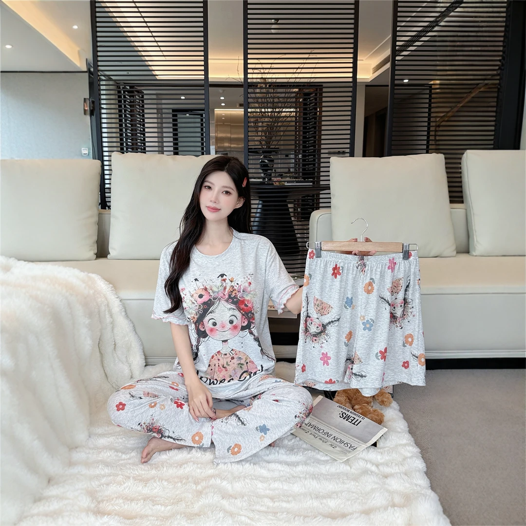 花朵女孩 莫代尔睡衣女2025夏新款带胸垫甜美三件套可外穿家居服