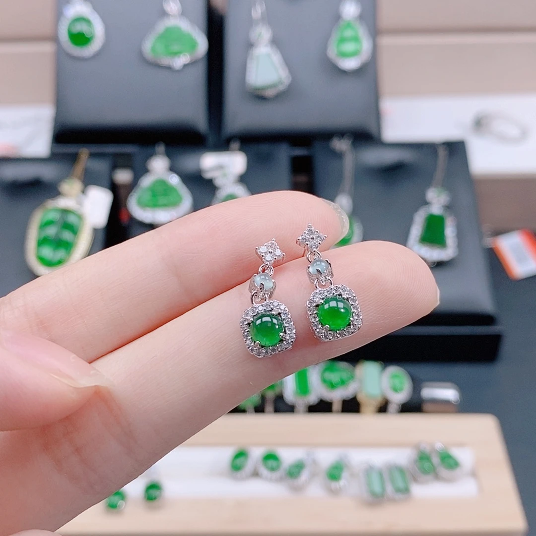 翡翠银S925镶嵌耳饰天然翡翠