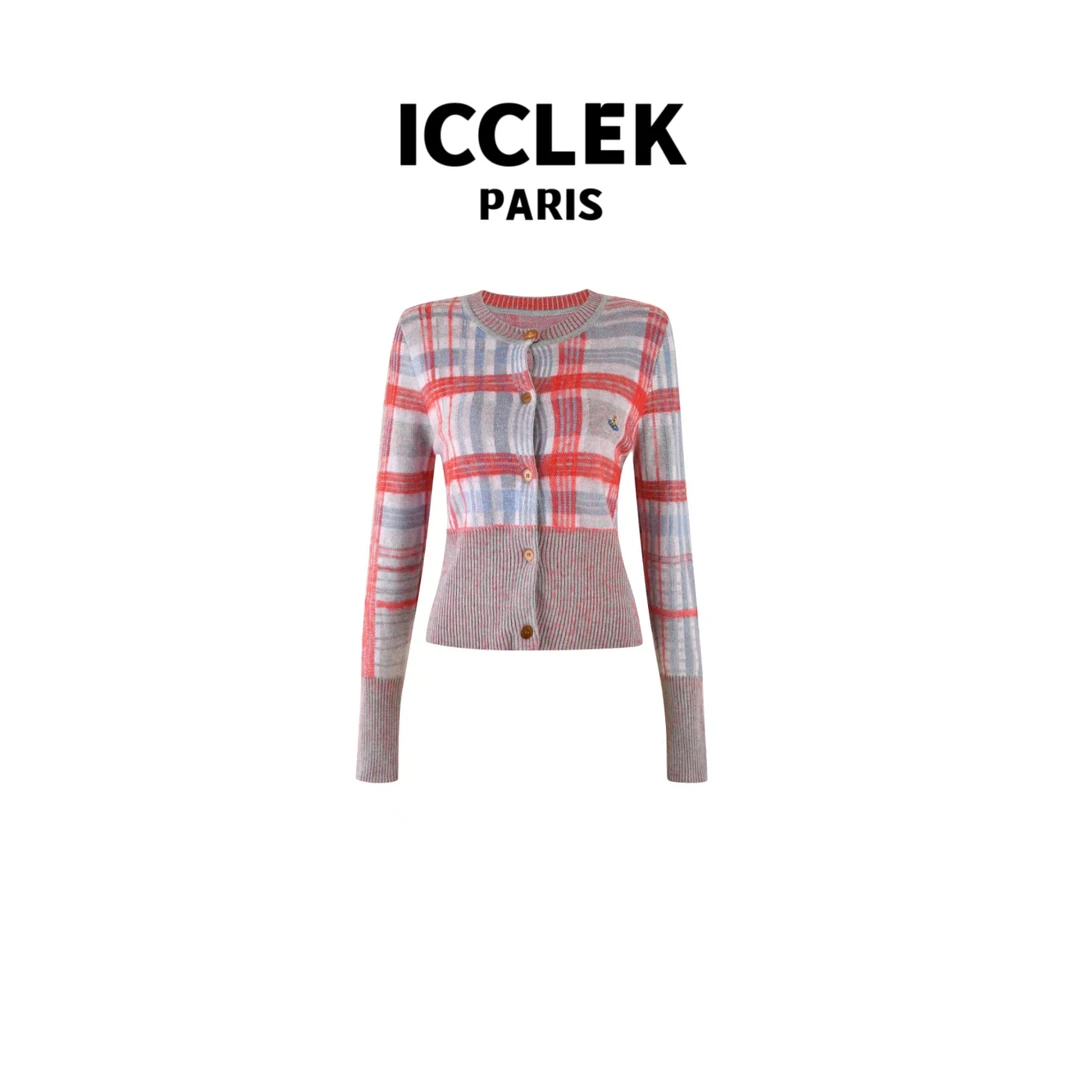 ICCLEK 红色格纹开襟长袖针织衫气质轻奢名媛小香风春秋外套-2684