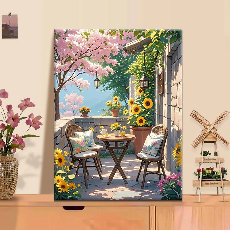 庭院楼花 diy数字油画2025新款丙烯画手工填充填色治愈系丙烯画