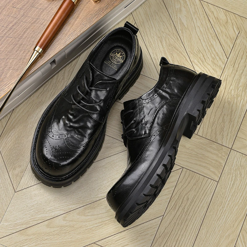 1753皮鞋男新款黑色德比英伦风百搭男士休闲雕花时尚厚底增高鞋子