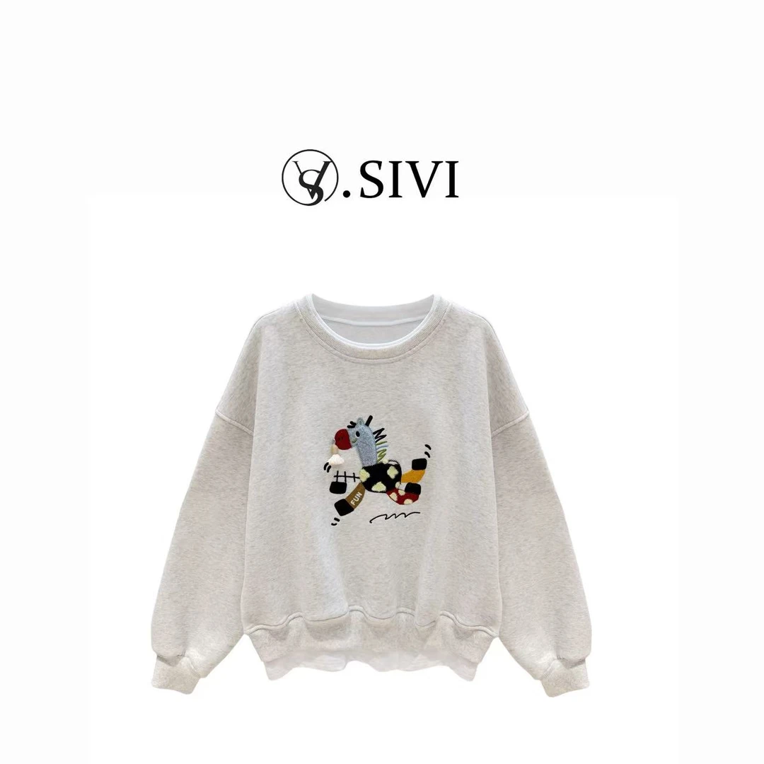 熙薇【旋转木马】2025冬季新款时尚休闲假两件加绒卫衣H6494