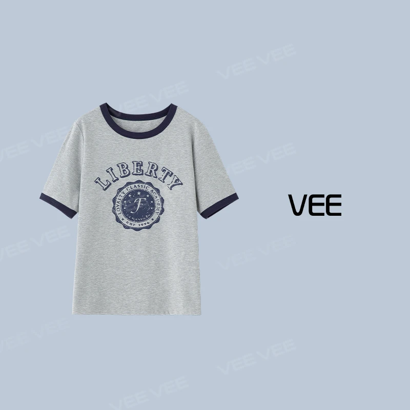 VEE【复古学院】25夏时尚休闲百搭短袖美式复古撞色印花T恤