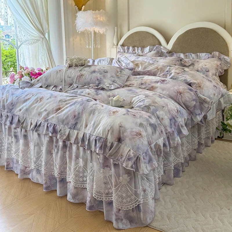 2025新款法式花边床上四件套1.8公主风纯棉床品100全棉床裙款被套