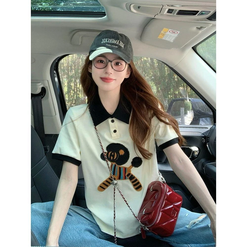 美式复古撞色polo领正肩T恤女夏新款重工刺绣纯多巴胺服装女翻领