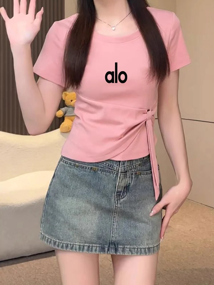 女士短款不规则t恤新款绑带收腰短袖设计感时尚百搭修身上衣夏季