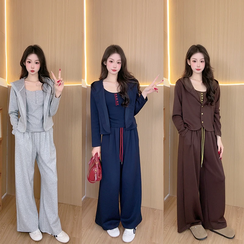三件套时尚套装女2025春秋季新款长袖阔腿裤休闲卫衣设计感减龄潮