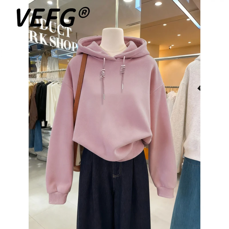 VEFG紫色加绒连帽卫衣女2025新款秋冬薄款洋气带帽短款上衣外套女